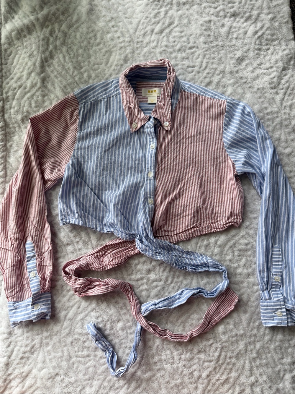Maeve Two-Tone Striped Wrap Button-Down Shirt - Red & Light Blue Size S - Picture 3 of 10